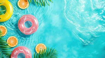 AI generated Summer pool party advertisment background with copy space photo