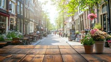 AI generated straat cafe advertisment background with copy space photo