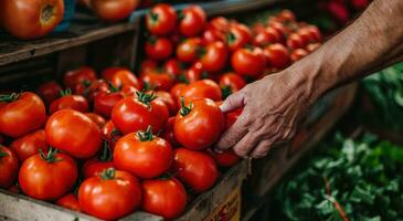 AI generated a hand is holding a fruit and vegetable stand full of red tomatoes photo