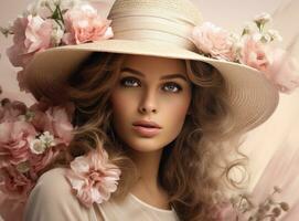 AI generated woman with hat and flowers photo