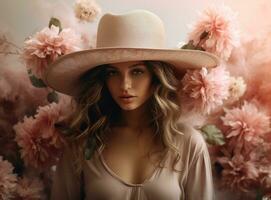 ai generado mujer con sombrero y flores foto
