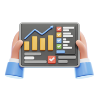 A hand holding a tablet with a graph bar and a chart 3d illustration png