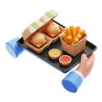 3D rendering of a hand gracefully serving a mouthwatering fast food meal in a box, providing the ultimate indulgence in the world of fast food. png