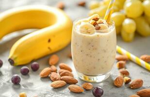 AI generated a healthy smoothie image of banana, almond and grapes photo