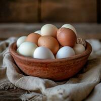 ai generado un cuenco lleno de huevos con blanco y marrón huevos en eso foto