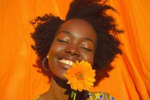 AI generated smiling african american woman holds up flower, photo