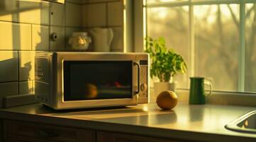 AI generated a microwave on a counter near a window photo