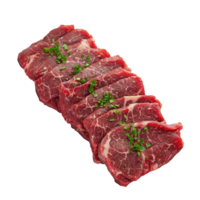 ai gegenereerd rauw plakjes van rundvlees steak Aan een vork geïsoleerd Aan wit achtergrond png