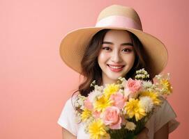 AI generated the young woman smiles in a straw hat while holding a bouquet of flowers photo