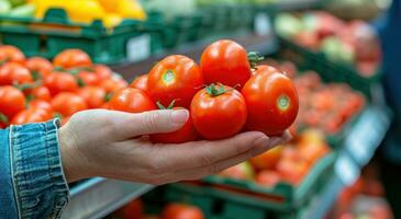 AI generated a hand is holding a fruit and vegetable stand full of red tomatoes photo