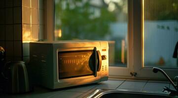 AI generated a microwave on a counter near a window photo