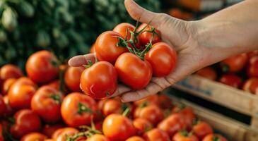 AI generated a hand is holding a fruit and vegetable stand full of red tomatoes photo