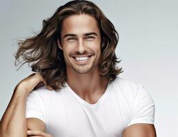 AI generated a man with long curly hair smiling while smiling photo