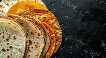 AI generated a range of different types of Mexican tortillas on a table on black background photo