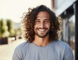 ai generado un sonriente hombre con largo Rizado pelo foto