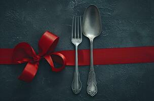 AI generated a silver spoon and fork are next to a red ribbon photo