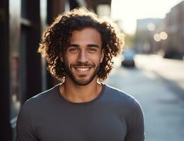 ai generado un sonriente hombre con largo Rizado pelo foto