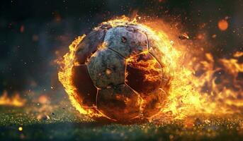 ai generado un fútbol pelota siendo estropeado por fuego foto