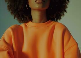 AI generated a woman wearing a orange sweatshirt photo