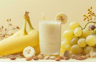 AI generated a healthy smoothie image of banana, almond and grapes photo