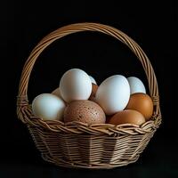 AI generated an empty basket holding white, brown, and mixed eggs photo