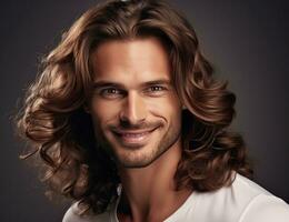 AI generated a man with long curly hair smiling while smiling photo