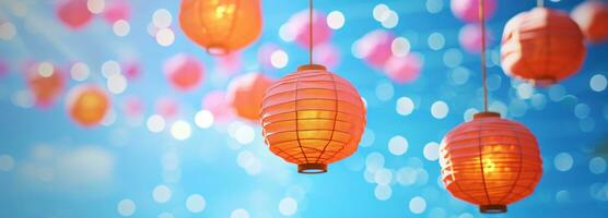 AI generated colorful paper lanterns hanging above a blue sky photo