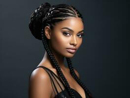 ai generado negro modelo niña con trenza peinados foto