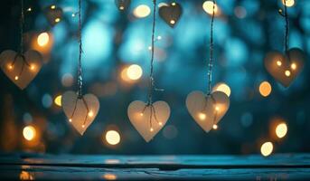 AI generated hanging heart heart on string with lights photo