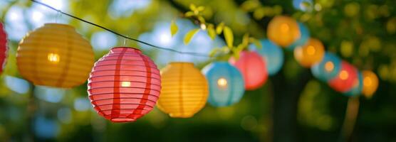 AI generated colorful paper lanterns light up a string in a colorful design photo
