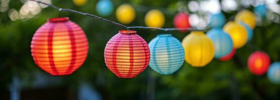 AI generated colorful paper lanterns light up a string in a colorful design photo