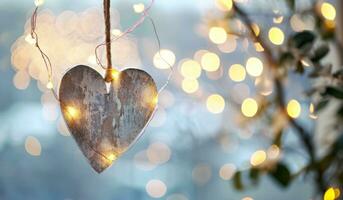 AI generated hanging heart heart on string with lights photo