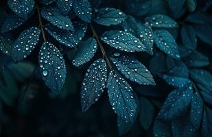 AI generated dark blue plant with water drops on it photo