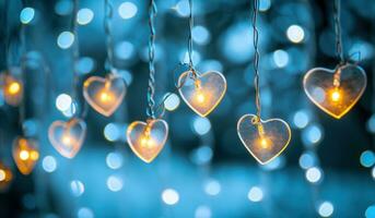 AI generated hanging heart heart on string with lights photo