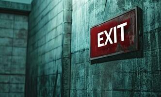 AI generated exit banner hang hanging on a wall with concrete background exit sign photo