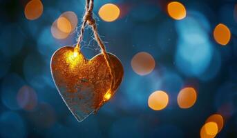 AI generated hanging heart heart on string with lights photo