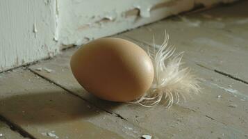 ai generado huevo tendido en el piso con pájaro plumas foto