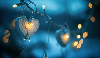 AI generated hanging heart heart on string with lights photo