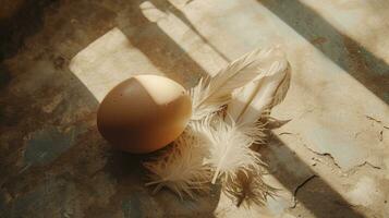 ai generado huevo tendido en el piso con pájaro plumas foto