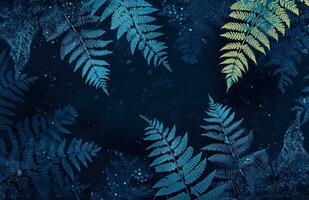 AI generated fern leaves and blue light on the night photo
