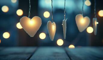 AI generated hanging heart heart on string with lights photo