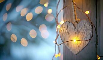 AI generated hanging heart heart on string with lights photo