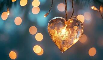 AI generated hanging heart heart on string with lights photo