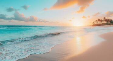 AI generated beach at sunset stock backgrounds photo