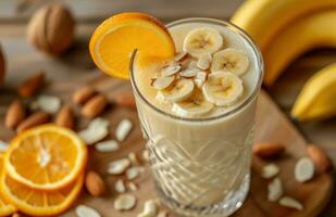 ai generado plátano zalamero con rebanado Almendras, plátano rebanadas y naranja rebanadas foto