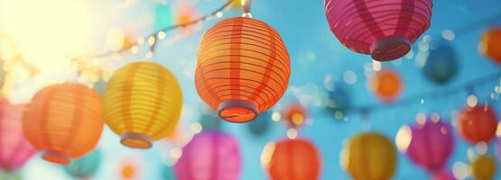 AI generated colorful paper lanterns hanging above a blue sky photo