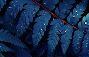 AI generated blue leaf with rain droplets in the background photo