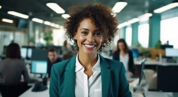 ai generado salón de clases empleado con un sonrisa en su cara contento persona foto