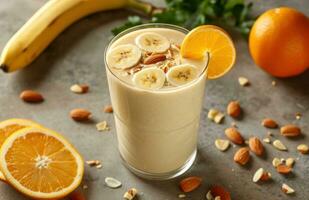 ai generado plátano zalamero con rebanado Almendras, plátano rebanadas y naranja rebanadas foto