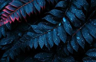 AI generated blue leaf with rain droplets in the background photo